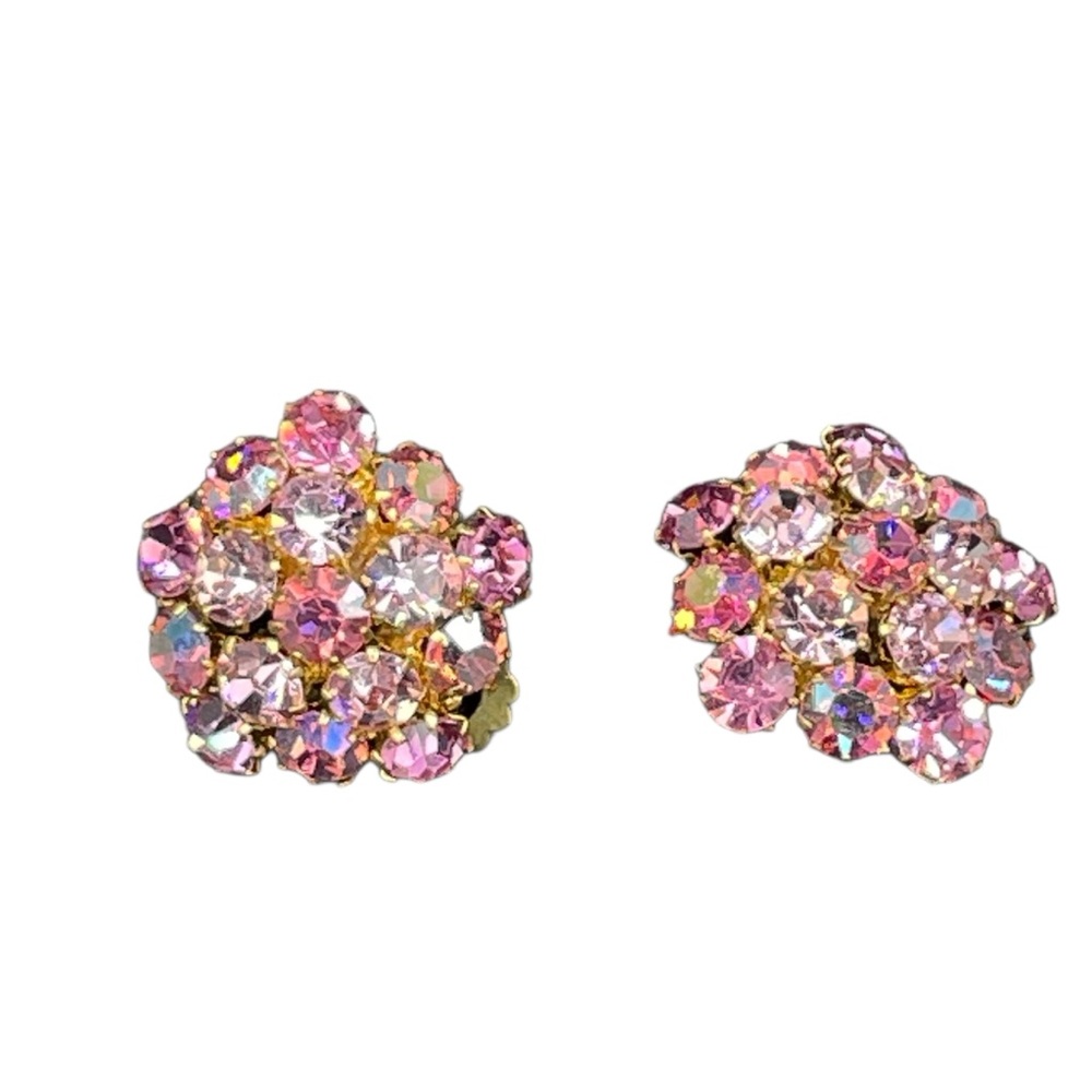 Vintage Made in Austria Pink Crystal Gold Floral Cluster Clip On Earrings